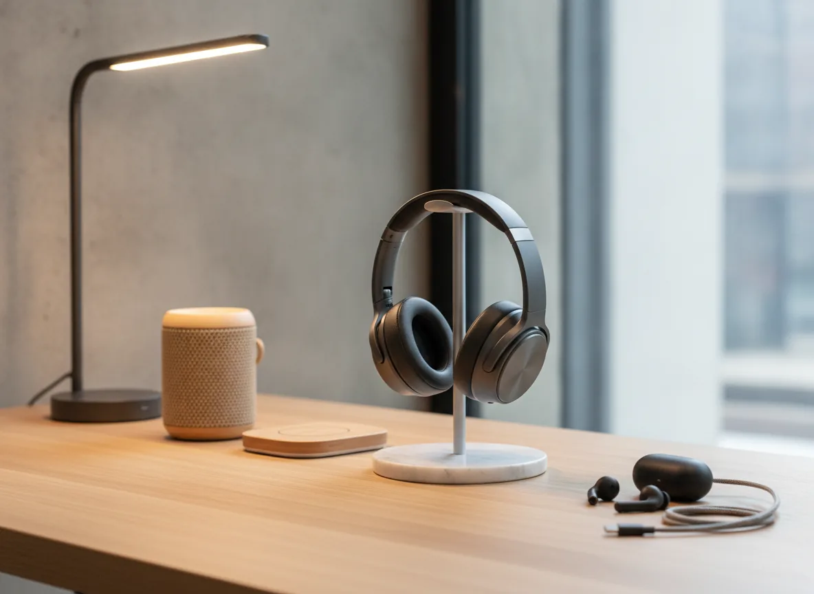 realistic lifestyle product photo of stylish audio accessories