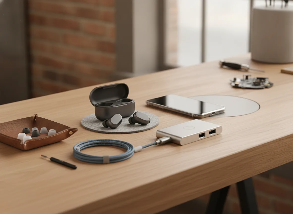 Realistic lifestyle photo of premium wireless earbuds and