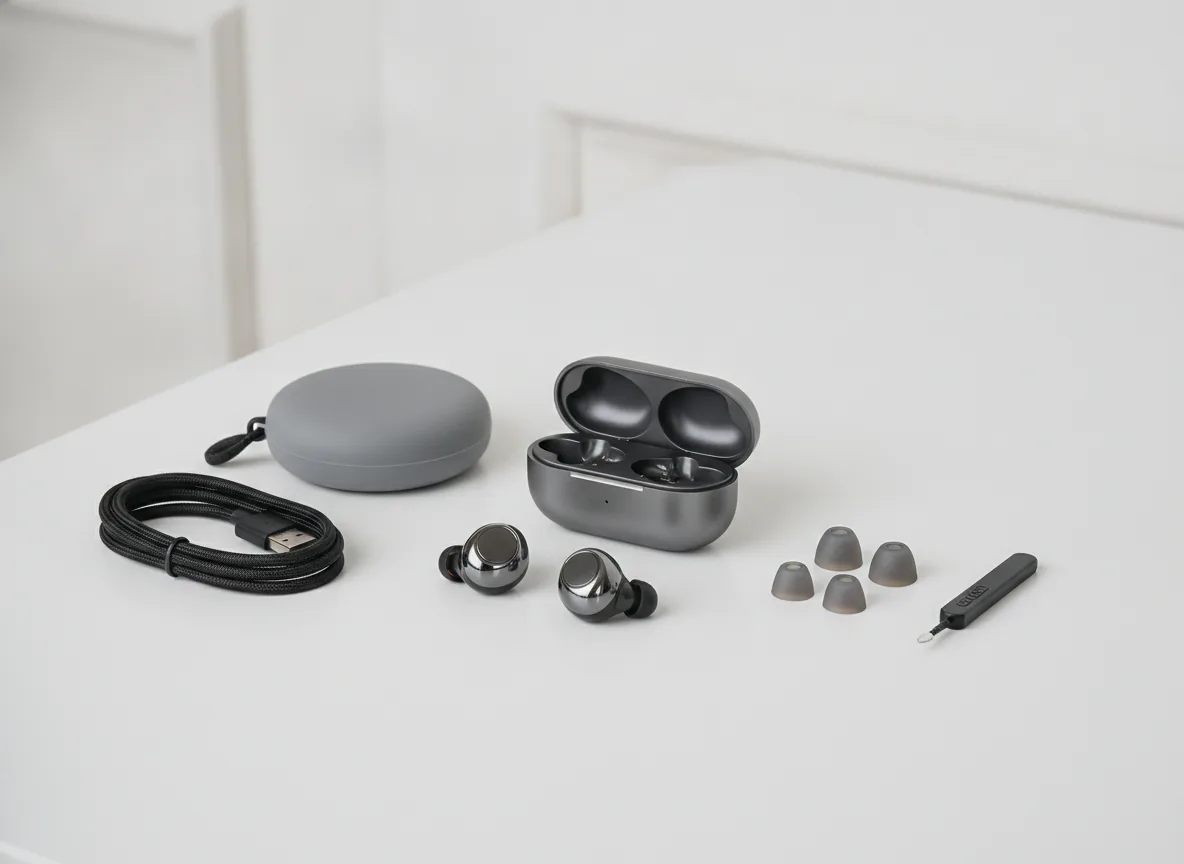 wide product photo of premium wireless earbuds and